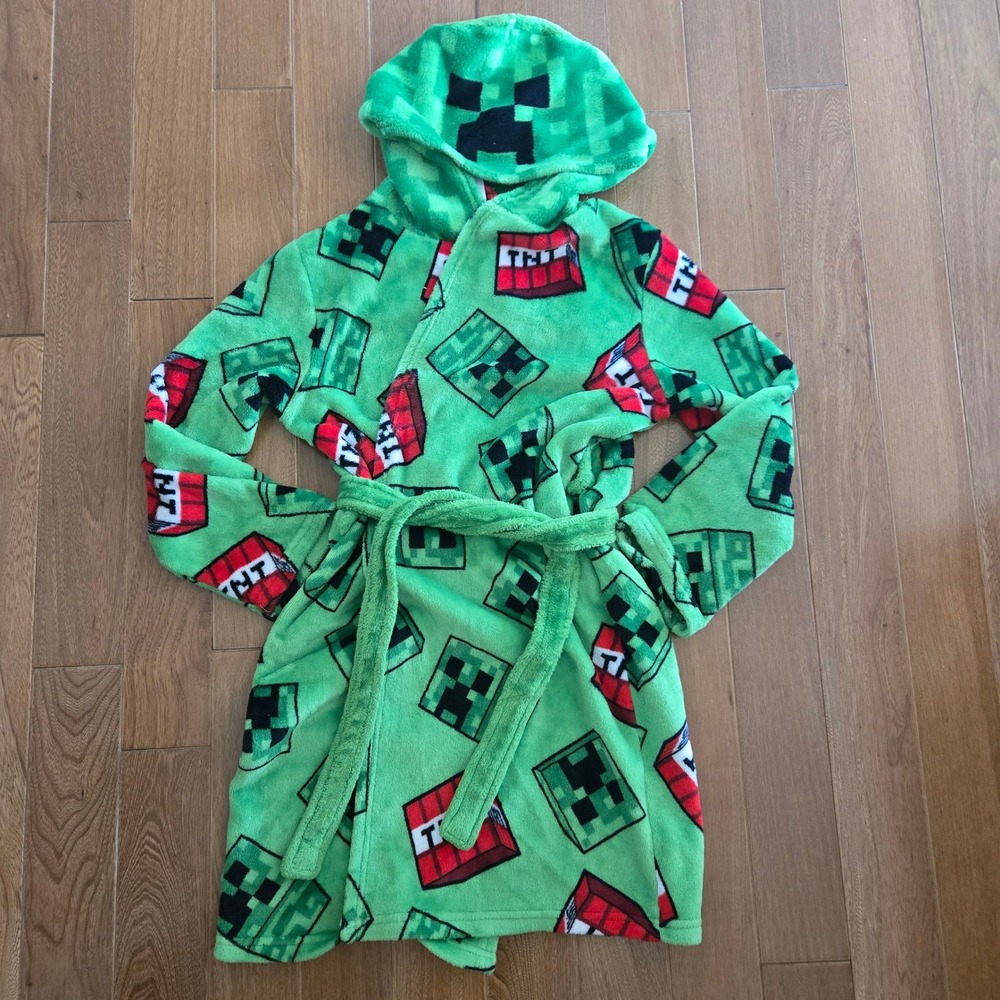 Minecraft Boys Green Creeper TNT Fleece Hooded Bathrobe Size M 8/10 Plush Gamer